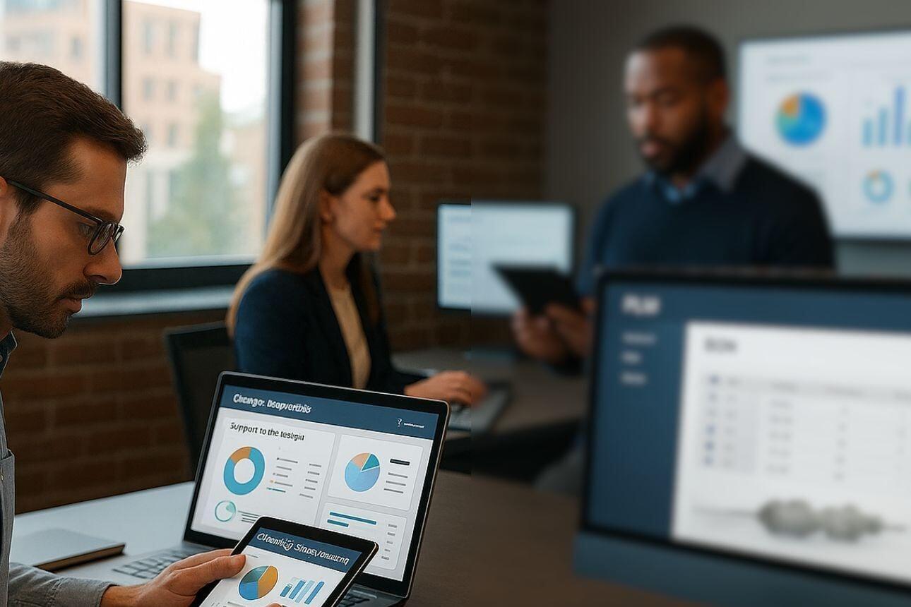 Team of professionals working on customized PLM dashboards in a modern office setting, with screens showing change requests, BOMs, and production data.