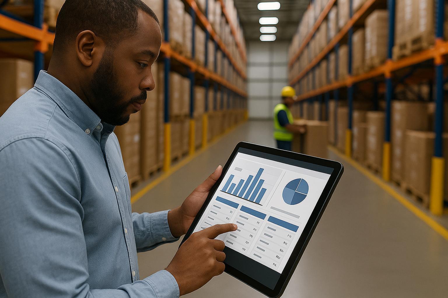 Warehouse worker reviewing inventory management software on a tablet, surrounded by organized shelves and boxes.