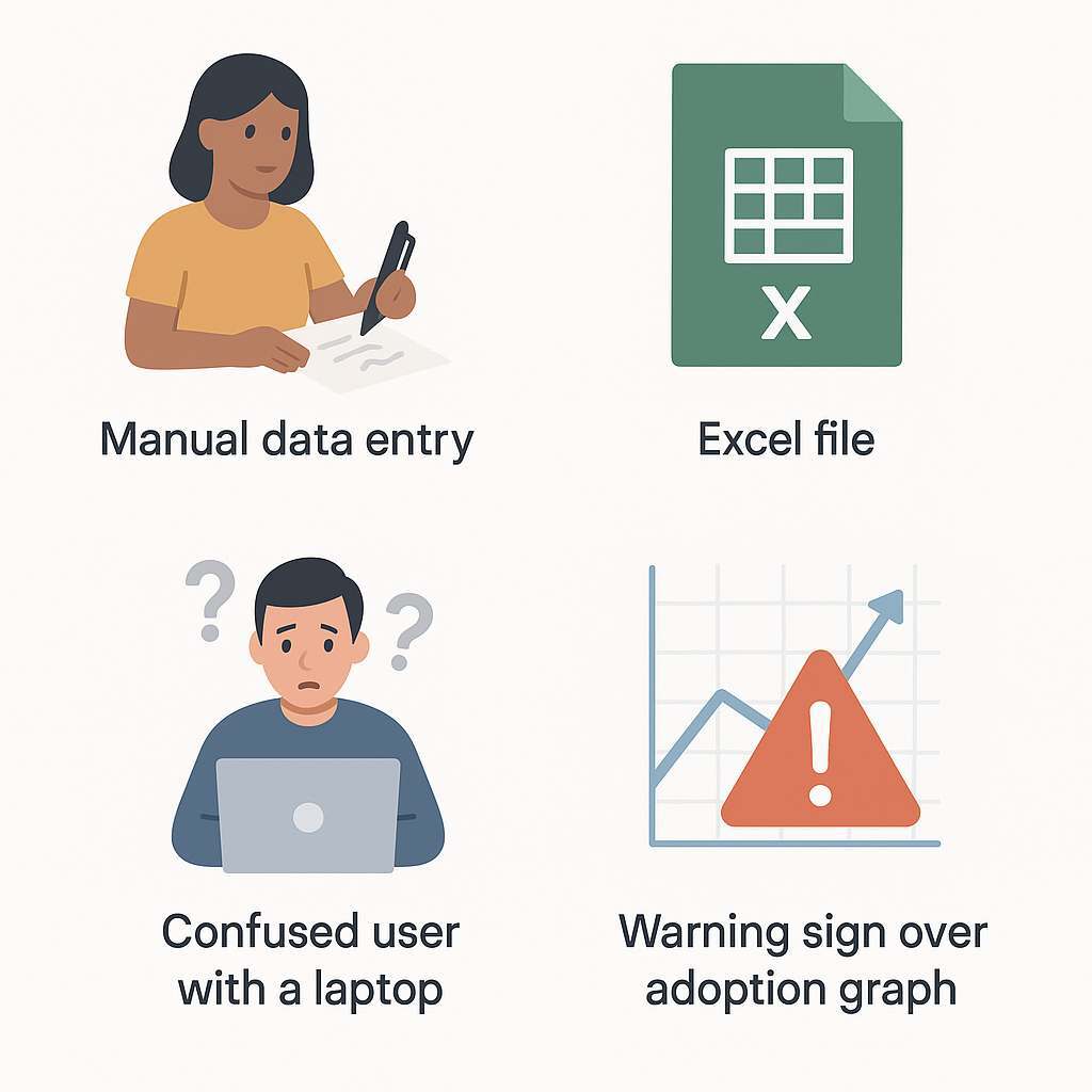 Grid of four icons representing manual data entry, Excel file usage, a confused user at a laptop, and a warning sign on an adoption graph.