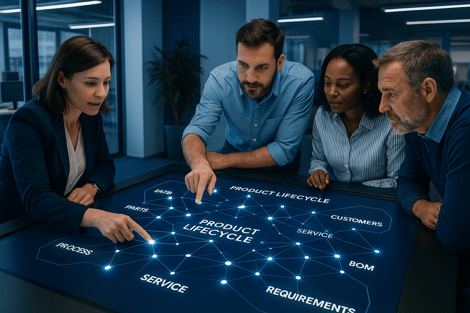 Team of professionals collaborating around an interactive touchscreen displaying a product lifecycle network with terms like BOM, requirements, service, and customers.