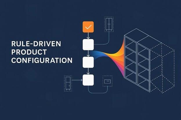 Illustration showing a rule-based flow driving a dynamic product configuration with a shelving system example.