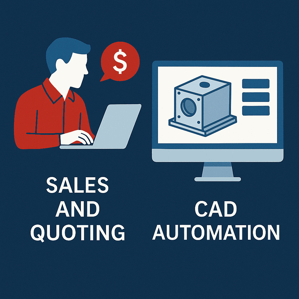 Illustration of a person quoting on a laptop next to a CAD model on a screen, representing sales and CAD automation.