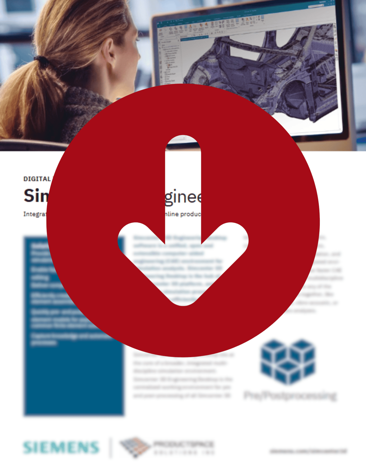 A large red downward arrow overlays a blurred Siemens and ProductSpace branded whitepaper cover featuring a woman reviewing a 3D engineering model on a monitor.
