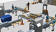 3D simulation of an automated production line with robotics, representing Tecnomatix factory simulation