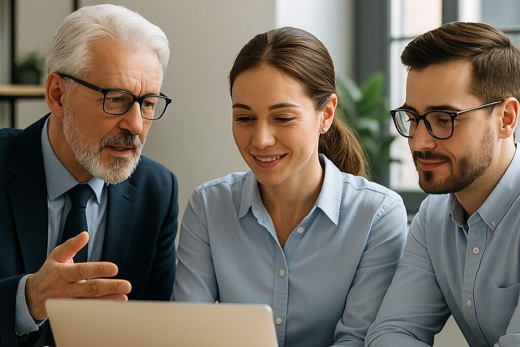 Team of professionals reviewing content together on a laptop in a business meeting.