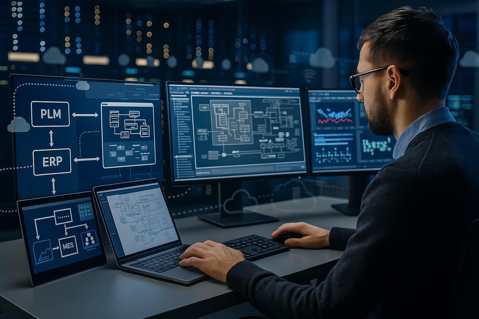 Photorealistic workspace showing a specialist managing system integrations between PLM, ERP, and MES platforms with real-time data sync on screen.