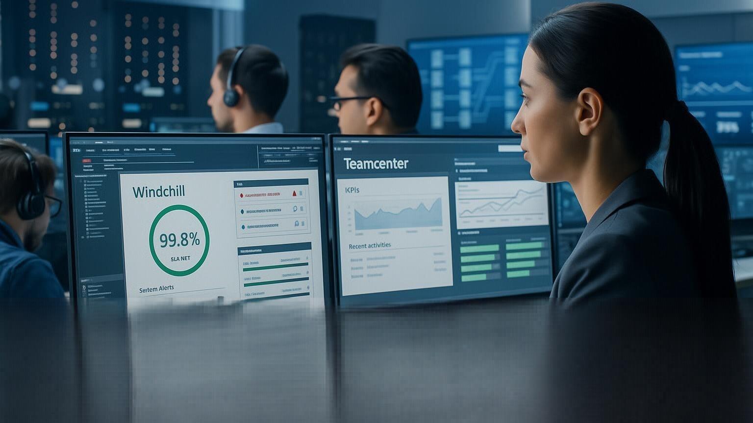 Professional IT admin team monitoring multiple screens showing Windchill and Teamcenter dashboards