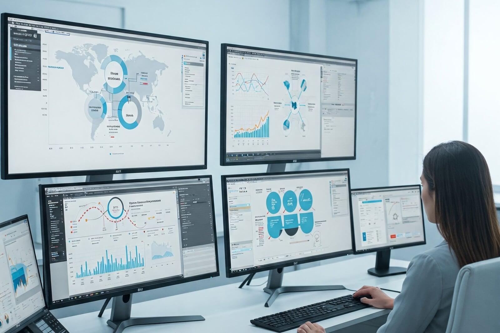 Engineer analyzing PLM performance dashboards across multiple monitors in a modern workspace