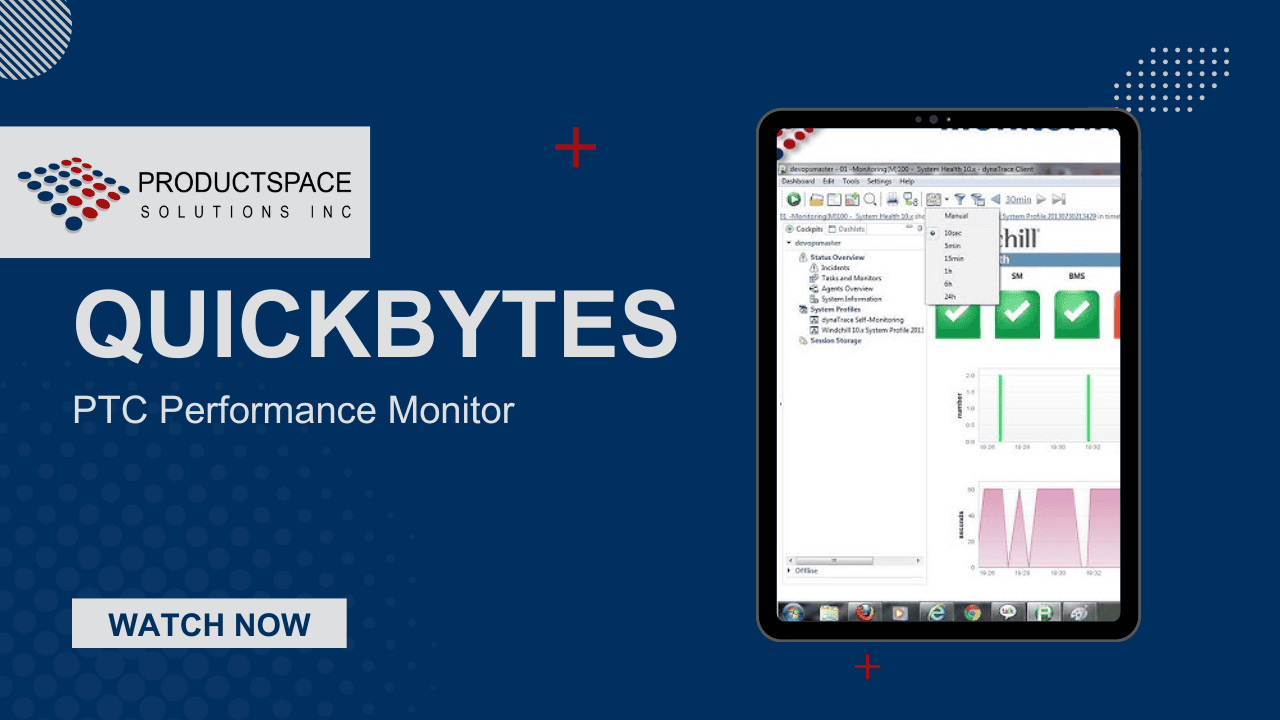 ProductSpace Quickbytes thumbnail showing performance charts and checkmarks on a Windchill system screen.